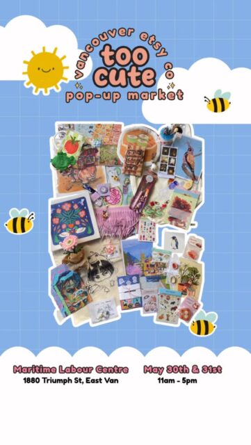 Too Cute is almost here! Join us at the Maritime Labour Centre for TWO DAYS on May 30 & 31 and add to some cute to your life!

🍀 the winner will receive a curated collection of market favourites from 43 vendors!
🎁 Total prize value: $1010!

You could win:
@portia_sung Postcards Stickers
@ANDPIERRES Keychain
@anitartlet Shawl
@racc00n_with_a_sp00n Print sticker pack
@bigubiguhandcraft Flower
@bitsnflakes Stickers
@bomemade Bouquet card DIY kit
@cappa888 Free doodle & keychain
@catsgo_mao Journaling Pack
@ch.aerii Sticker Sheet
@chitao_zhitao Panda Dish
@chonkyfrenz Sticker Sheet
@bydahee Magnet
@dewdrops.doodles Sticker Sheet
@emieclat Cat Print
@frogfairyjewelry Bracelet
@ggummstudio Charmable Pen
@GildedGarbageFineArt Print & sticker pack
@gogetemmmmmmmm Bird Print
@gracias.clothing Heart Bag
@peachyyhaze Sticker Sheet
@iristocat Sticker Pack
@ivyteas Sticker Sheet
@jelly_ultra Pin
@jenata.image Watercolour
@lachouette_studio Keychain
@lingolala Phone Grips & Stickers
@littleorangefish_co Earrings
@lumi.pachi Teddy Candle
@jennymikochi Charm
@nicolakwitart Keychain
@oddlybuddy_ Prints & Charms
@odecchii worry stone
@ohhelloleigh Mug
@paigejung_ Print
@paperdumplings Zipper pouch
@ripple.and.rise Print
@second.savour Treats
@supersweetbyqiao sticker
@stephologyshop Reusable bag
@studiohappiyvr Mini bud vase
@sugarplumpaper.ca Mystery pack
@thelildragonstudio Stickers
@shopyumenoco Tote Bag

How to Enter:
➡️ Follow us + Like this post - 1 entry 
➡️Tag a friend - 1 entry per tag per comment 
⭐️ BONUS - Share this reel as a post/story - 1 entry per (tag us!) 

🚨Giveaway ends on Sat, May 23, 2026 at 11:59pm (PT) and winner will be chosen on Mon May 26. 

🎭 Come in costume for a bonus ballot! Keep it family-friendly and you’ll be entered to win a prize package.

Tickets are just $3 and good for both days | Kids 12 + under FREE

💰 Buy early = more chances to win market cash + swag!
For every 100 tickets sold, we’ll draw for market cash or swag to spend at the market.

💙 50% of ticket proceeds benefit Backpack Buddies Canada + Quest Non-Profit Grocery Market.

🗓️ Sat May 30 + Sun May 31 | 11am–5pm
📍 Maritime Labour Centre, 1880 Triumph St, East Van
�