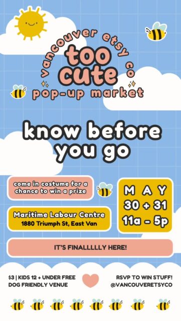 💕 TOO CUTE Market is almost here!

Come early — the first 50 shoppers each day will get a Vancouver Etsy Co pouch + market cash to spend with any vendor. ✨

You’ll also find a prize ballot, costume bonus entries, a cloud photo booth, doodle portraits, DIY mini totes, demos, workshops, @freshpakoras outside, and Slothee Coffee inside. 🎀

📍 Maritime Labour Centre🗓 May 30 + 31 · 11am–5pm🎟 $3 · kids 12 and under free🐶 Dog-friendly💕 Your ticket is good for both days!

#TOOCUTEMarket #VancouverEtsyCo #ShopLocalVancouver