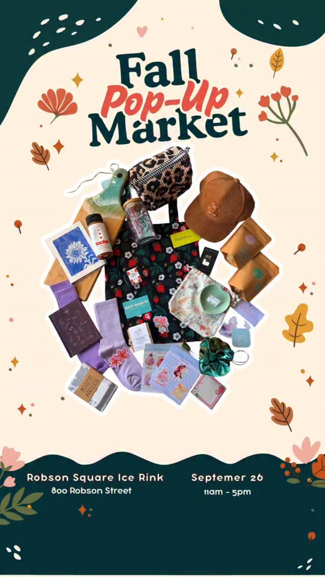🍂The Fall Pop Up is almost here! Join us at the Robson Square Ice Rink on Sept 26 and add to some LOCAL to your life!

🍀 the winner will receive a curated collection of market favourites from 26 vendors!
🎁 Total prize value: $788!

You could win:
@bakdcookies In-store gift card
@blue.deer3 Bracelet 
@boeyart_studio Serving Board
@bookandbrushstudio Print
@emilysoscribbly Sticker sheet
@freesiasoap Soap
@gracias.clothing Cap & Socks
@karigarhouse_ Zipper Pouch
@_la.pomme.x Vintage earrings (clips)
@littleorangefish_co Sticker
@mad_pins Enamel Pin
@magpiesmadethis Handmade Notebook
@makesbymali Glass tumbler
@miyaguart Sticker Pack & Air Freshener
@themoonsun.art Watercolor palette
@noc_ceramics Trinket Dish
@poplinandco Tote
@scandinazn earrings
@second.savour Citrus Treats
@shesso Earrings
@skylit_studios Notepad & Sticker
@stufiobyviv Cinched pouch
@tealani Tea
Woodweaver Hamburger Box
@zaleskajewelry Handmade Silk Jewelry Travel Pouch 
@tochafoods Tocha Sauce

How to Enter:
➡️ Follow us + Like this post - 1 entry 
➡️Tag a friend - 1 entry per tag per comment 
⭐️ BONUS - Share this reel as a post/story - 1 entry per (tag us!) 

🚨Giveaway ends on Mon Sept 21, 2026 at 11:59pm (PT) and winner will be chosen on Wed Sept 23. 

🗓️ Sat. Sept. 26 - 11a to 5p
📍 Robson Square Ice Rink, Vancouver
🎟️ Free admission | RSVP to win market cash/merch!
🐶 Pet-friendly and encouraged!

🎟️ Bonus: Every RSVP gets you a chance to win market cash or merch! Plus, we’re doing special draws for every 100 tickets sold!

🚨 First 50 guests in line on event day also get market cash or swag!
