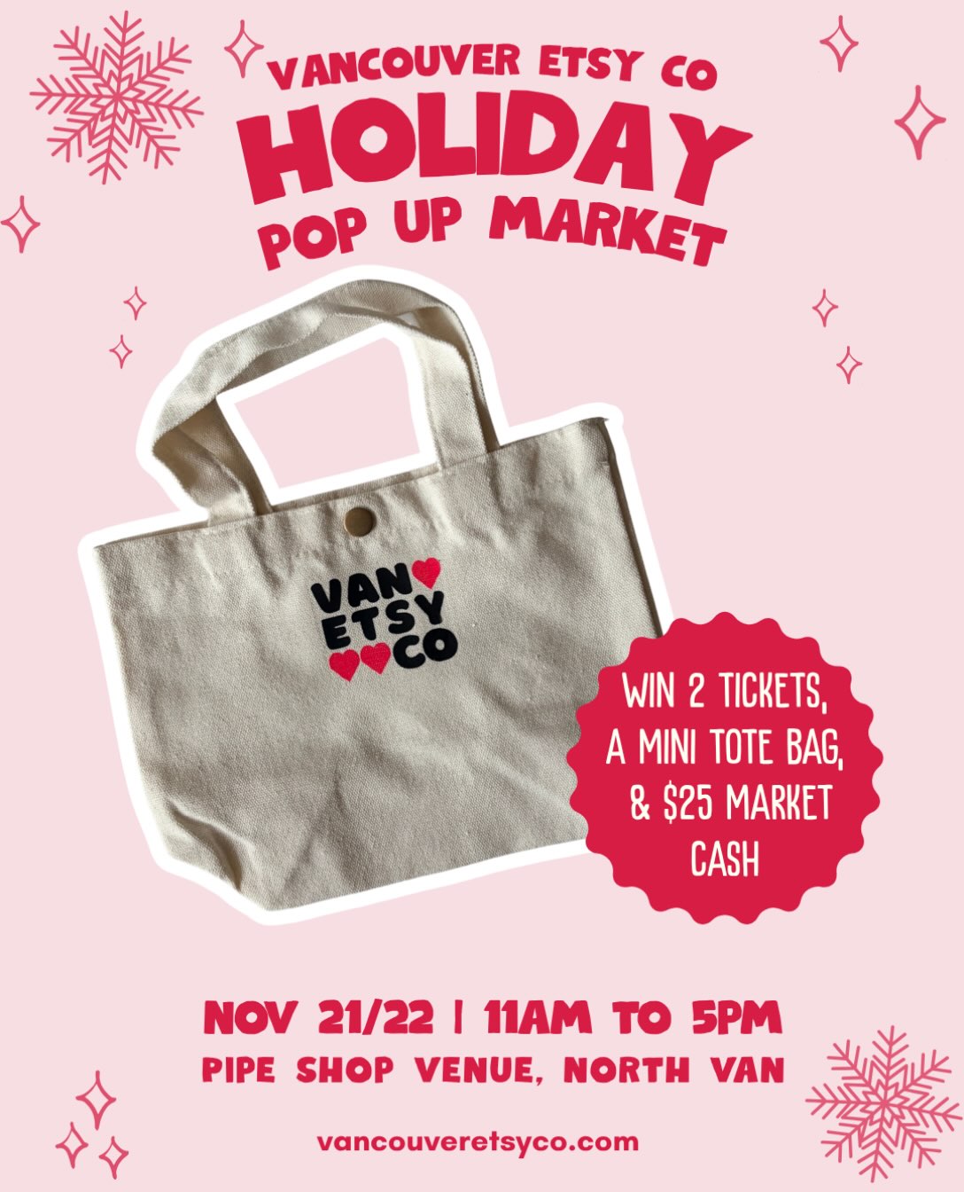 ✨ HOLIDAY POP UP GIVEAWAY 🎄
We’re giving away $25 market cash + a limited-edition mini tote bag and 2 tickets to the holiday pop up to get you started on your shopping for the holiday season.
How to enter:
➡️ Follow us + Like this post - 1 entry
➡️ Tag a friend you will take with you - 1 entry per tag per comment – (no entry limit)
⚡ Bonus - Share this reel as a post/story - 1 entry per (tag us!)
Giveaway ends: Mon, Nov 2nd at 11:59 PT
Winner announced: Soon after!
Get ready to discover amazing local vendors, delicious eats, and unique finds at our holiday market! See you there! 🧡
🛍️ 70+ local vendors + artisans
🎨 hands on workshop
👧🏻 Mini makers (young entrepreneurs 16+ younger)
✏️ DIY button and bracelet making
🖼️ Doodle Booth by donation
Perks of pre-purchasing your ticket:
💵 Automatically entered to win ‘market cash’ to spend with any vendor!!
🎫 With every 100 tix sold, we will draw a winner! 🛍️ More guests = more giveaways!
🗓️ Sat. Nov 21 + Sun. Nov. 22 | 11a to 5pm
📍Pipe Shop Venue, 115 Victory Ship Way, North Van
🎟️ $5 | 50% tickets proceeds benefit @backpackbuddiesbc and @questmarkets
🐶 Pet-friendly and encouraged!
*Prize must be claimed at the event on either Nov 21 or Nov 22, 2026. Market cash is valid for the day prize claimed. Giveaway not affilliated with Meta.